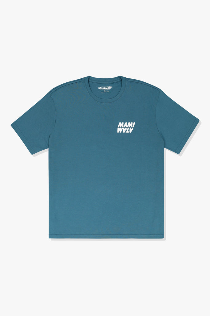 Front of Mami Wata African Wave Factory Tee with logo – ink blue cotton t-shirt.