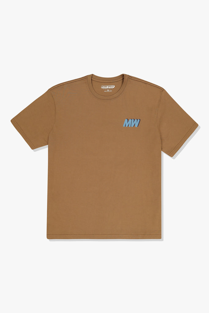 Front of Mami Wata MW Africa Tee in coffee with blue MW logo – cotton t-shirt