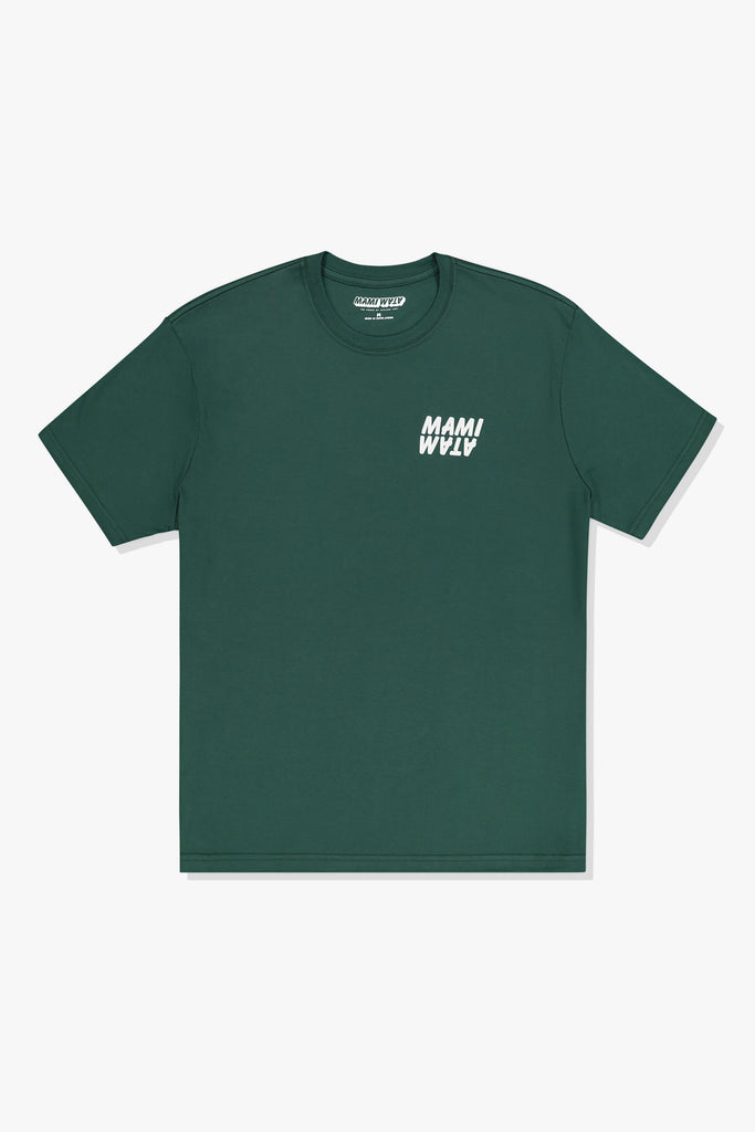 Front of Mami Wata 39/54 Tee in emerald green with ecru word marque logo - cotton t-shirt