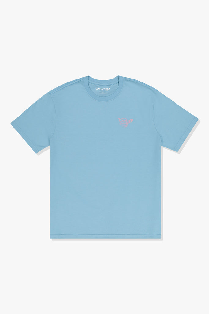 Front of Mami Wata Lightning Surf Tee in light blue with small banana logo – cotton t-shirt