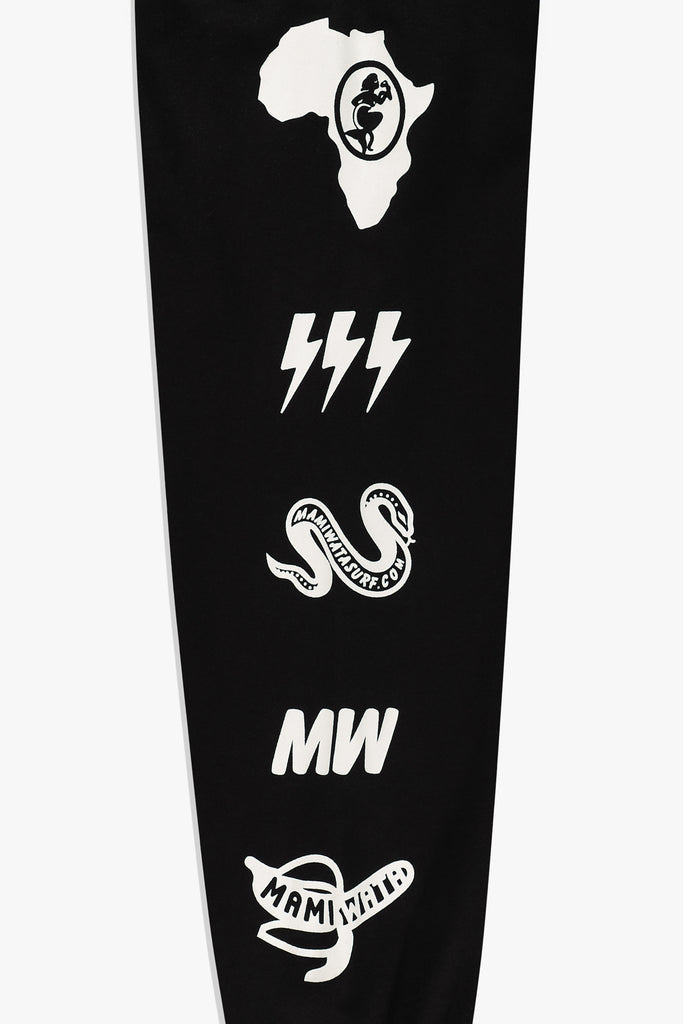 Side view of Mami Wata Icon Long Sleeve Tee showing Mami Wata icon graphics down the sleeves
