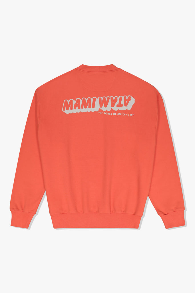 Back of Mami Wata 39/54 Summer Sweat in coral with Mami Wata word marque and “The Power of African Surf” text