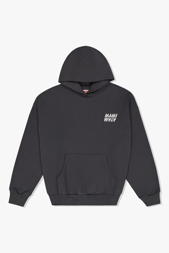 Front view: Mami Wata 3 Sugars Sweet Hoody in charcoal with black banana logo.