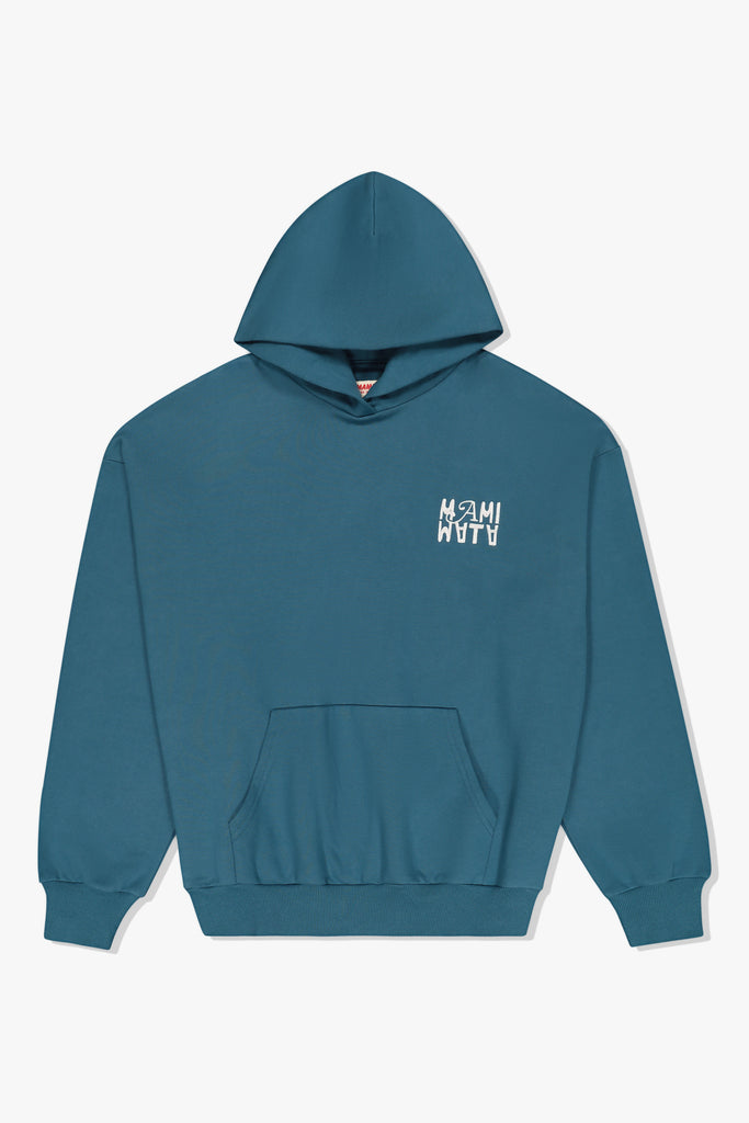 Front of Mami Wata 39/54 Hoodie in ink blue with word marque logo
