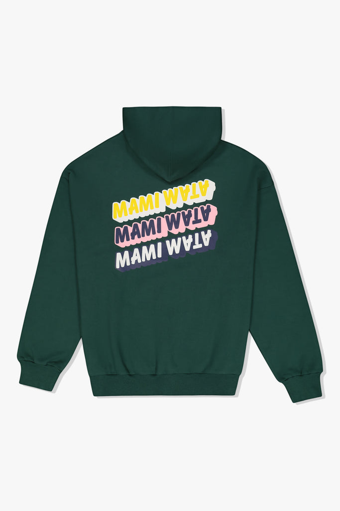 Back of 3 Mami hoody in emerald green with three stacked Mami Wata word marque logos