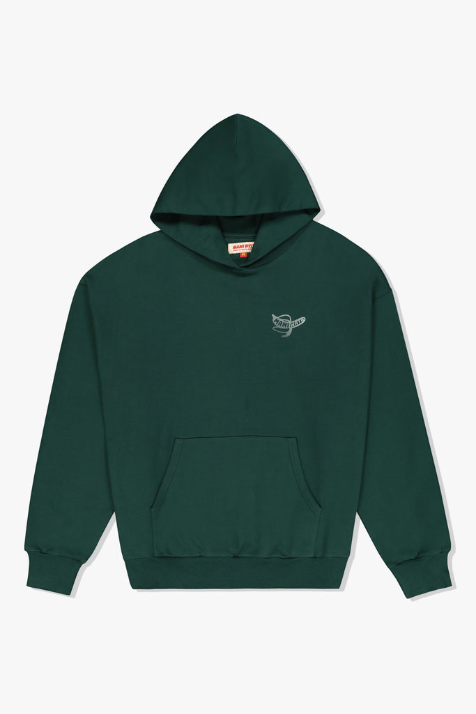 Front of 3 Mami hoody in emerald green with banana logo – cotton hoody