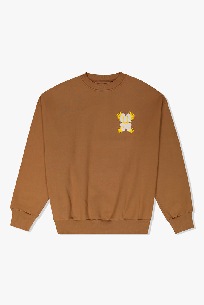 Front of Mami Wata Barbour Sweat in coffee with small icon graphic – cotton fleece sweatshirt