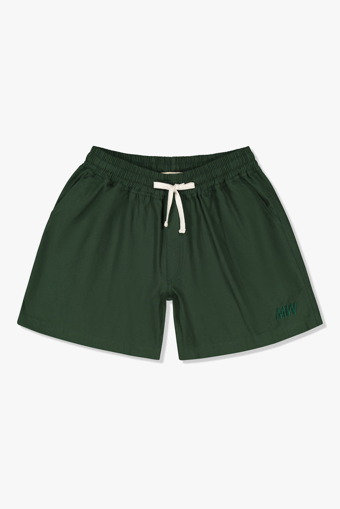 Front view of Mami Wata Off the Beach Walk Short in cotton twill with drawstring waist.